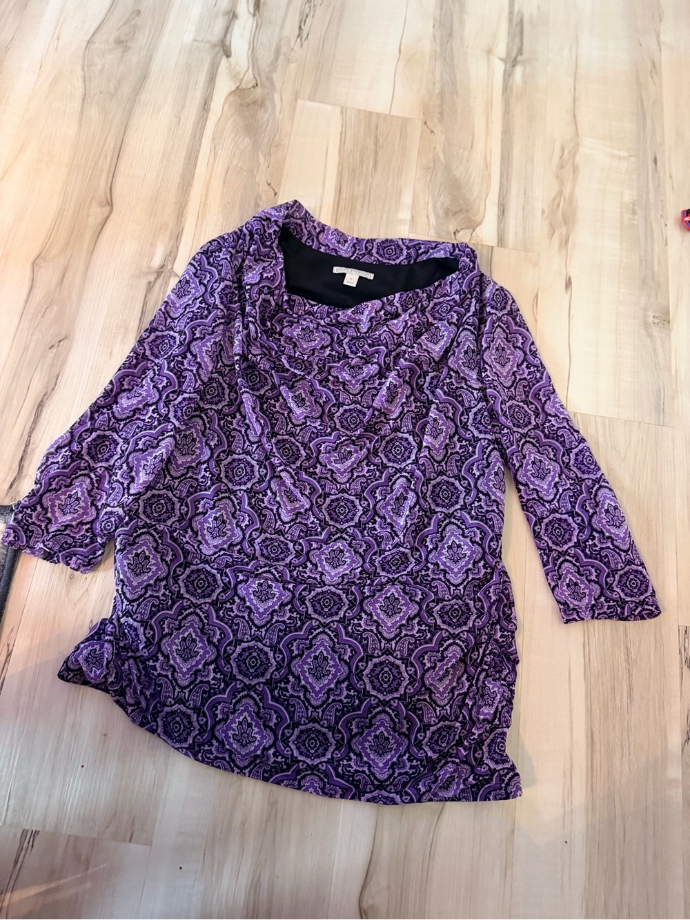 Dana Buchman Purple Patterned Draped Neck Long Sleeve Top